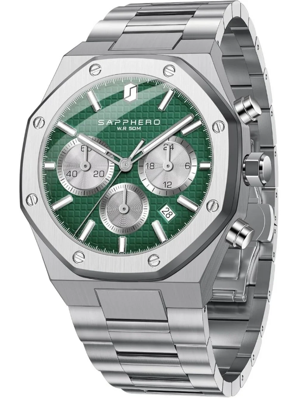 Men's Silver Green Chronograph Quartz Movement Stainless Steel Luxury Date Watch